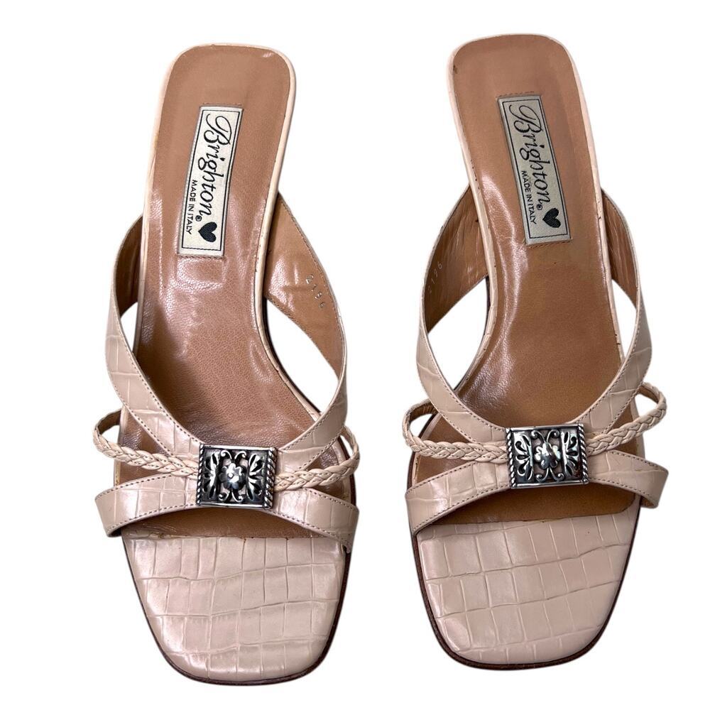 Brighton Y2K Kayla Leather Slide Sandals Moc Croc Strappy Beige 1" Heel W's 7.5M